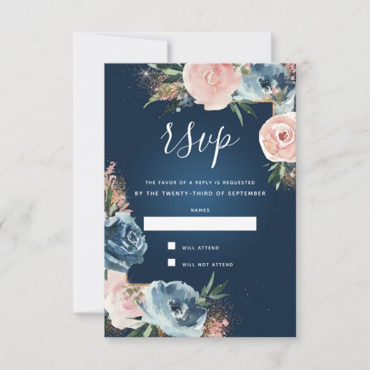 Dramatische Navy Blue en Blush Bloemen Boho Glitte RSVP Kaartje (Voorkant)
