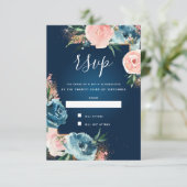 Dramatische Navy Blue en Blush Bloemen Boho Glitte RSVP Kaartje (Staand voorkant)