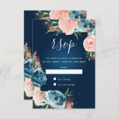 Dramatische Navy Blue en Blush Bloemen Boho Glitte RSVP Kaartje (Voorkant / Achterkant)