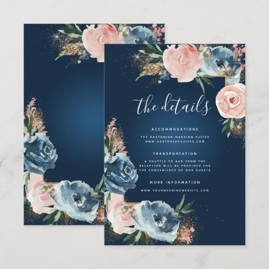 Dramatische Navy Blue en Blush Floral Boho Glitter Informatiekaartje (Voorkant / Achterkant)