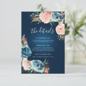 Dramatische Navy Blue en Blush Floral Boho Glitter Informatiekaartje (Staand voorkant)