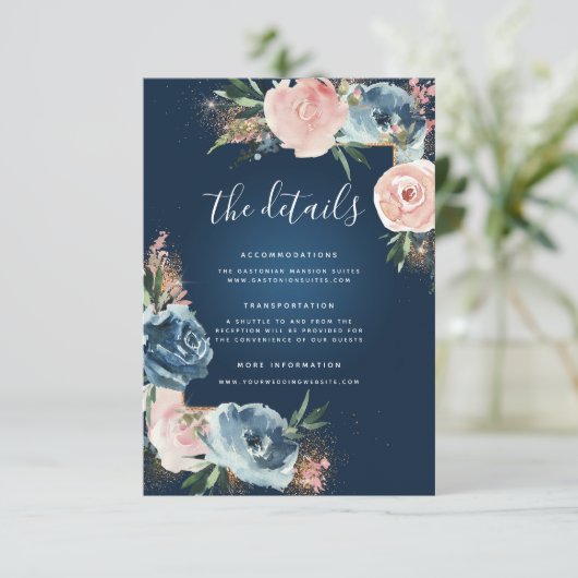 Dramatische Navy Blue en Blush Floral Boho Glitter Informatiekaartje (Staand voorkant)
