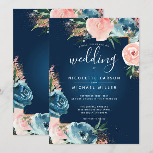 Dramatische Navy Blue en Blush Floral Boho Glitter Kaart