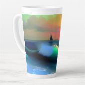 Dramatische oceaan golven en zonsondergang reflect latte mok (Linkerhoek)