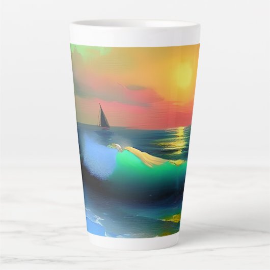 Dramatische oceaan golven en zonsondergang reflect latte mok (Voorkant)