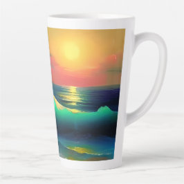 Dramatische oceaan golven en zonsondergang reflect latte mok