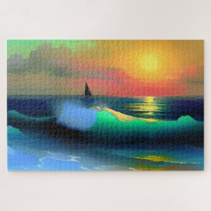Dramatische oceaan golven en zonsondergang reflect legpuzzel
