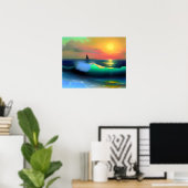 Dramatische oceaan golven en zonsondergang reflect poster (Thuiskantoor)