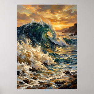 Dramatische Oceaangolf Gouden Zonsondergang Zeegez Poster
