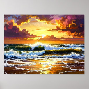 Dramatische oceaangolven op strand zonsondergang k poster