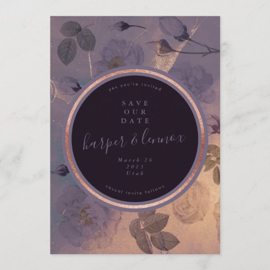 Dramatische Paarse Floral Winter Roos Gold Foto Save The Date (Voorkant)