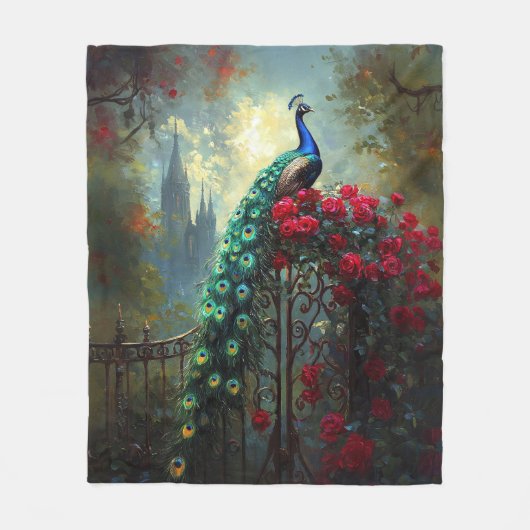 Dramatische Peacock Red Roses Gothic Fleece Deken (Voorkant)