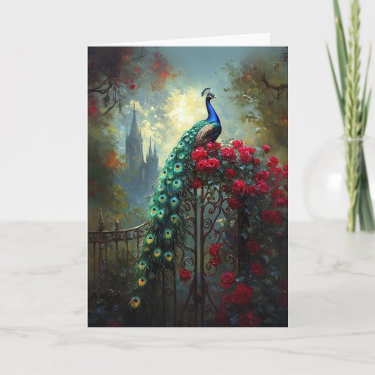 Dramatische Peacock Red Roses Gothic Kaart (Voorkant)