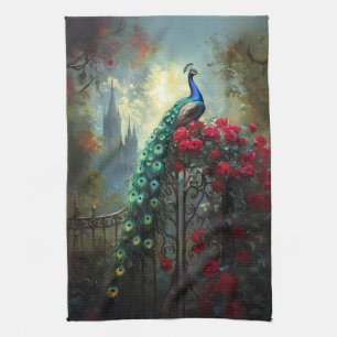 Dramatische Peacock Red Roses Gothic Theedoek