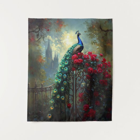 Dramatische Peacock Red Roses Gothic Wandkleed (Voorkant)