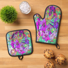 Dramatische psychedelische magenta en paarse bloem ovenwant & pannenlap set