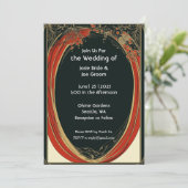 Dramatische rode art nouveau huwelijksuitnodiging kaart (Staand voorkant)