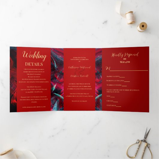 Dramatische rode en zwarte bruiloft drieluik uitnodiging (Binnen)