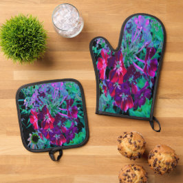 Dramatische rode, paarse en roze tuinvloed ovenwant & pannenlap set