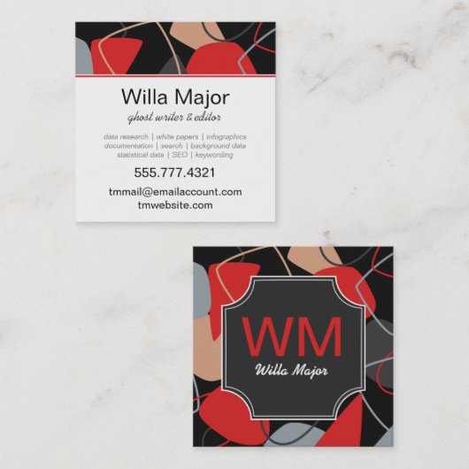 Dramatische rode, zwarte, beige Abstracte monogram Vierkante Visitekaartje (Voorkant / Achterkant)