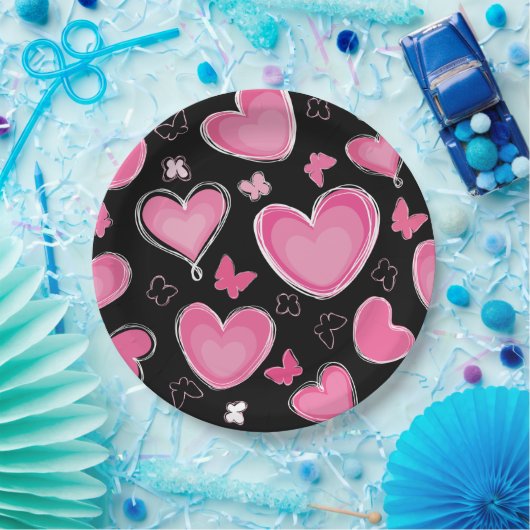 Dramatische roze hart en botervliegen papieren bordje (Feest)