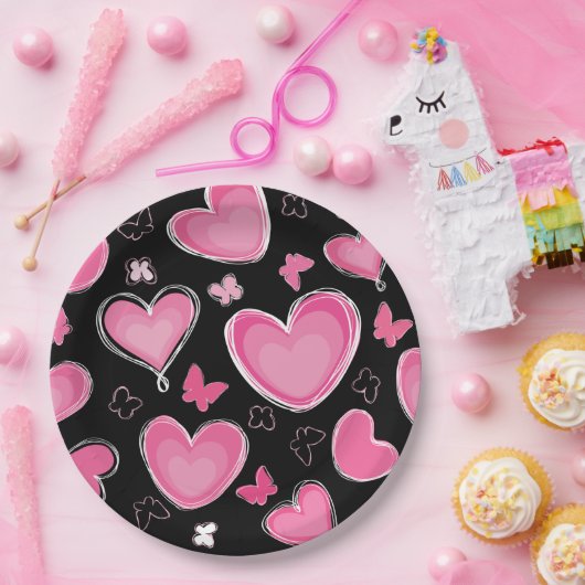 Dramatische roze hart en botervliegen papieren bordje (Feest)