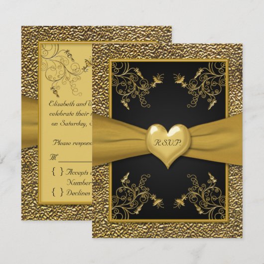 Dramatische RSVP-kaart met zwart en goudhart RSVP Kaartje (Voorkant / Achterkant)