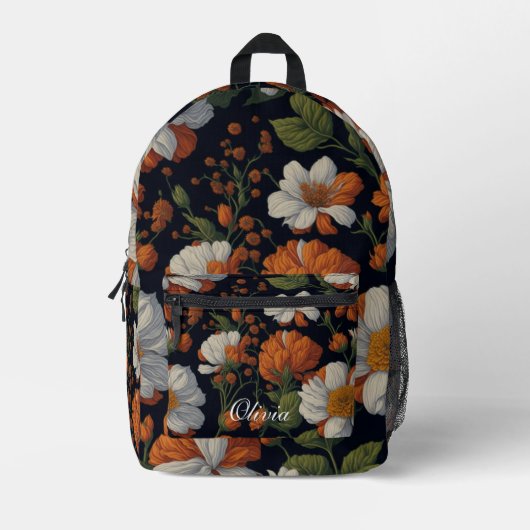 Dramatische Sinaasappel wit sierlijke retro bloeme Bedrukte Rugzak (Voorkant)