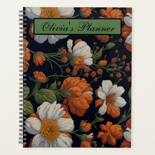 Dramatische Sinaasappel wit sierlijke retro bloeme Planner (Voorkant)