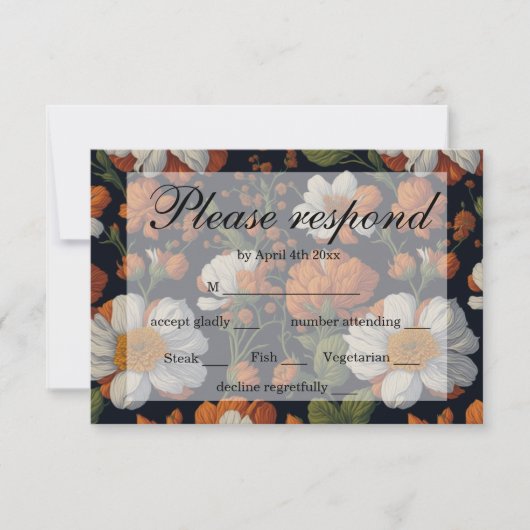Dramatische Sinaasappel wit sierlijke retro bloeme RSVP Kaartje (Voorkant)