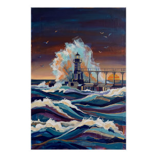 Dramatische Stormachtige Oceaan Vuurtoren Schilder Perfect Poster