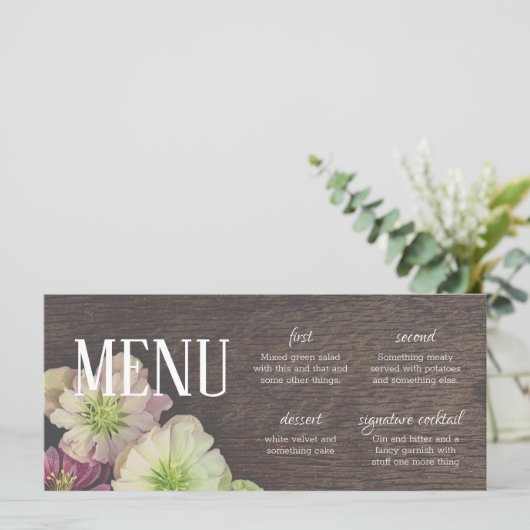 DRAMATISCHE tuin Hellebore Wood en Witte Menu Kaar (Staand voorkant)