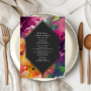Dramatische veelkleurige bloemenbruiloft menu