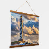 Dramatische Vuurtoren Zeegezicht met Stormachtige  Hangend Wandkleed (Gebogen)