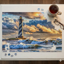 Dramatische Vuurtoren Zeegezicht met Stormachtige  Legpuzzel