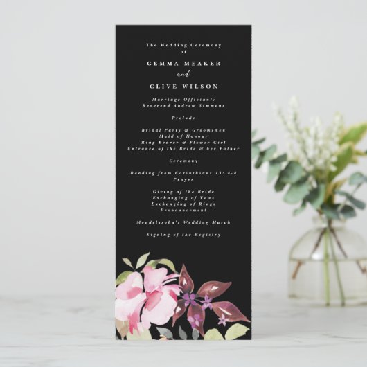 Dramatische Waterverf Florals Wedding Ceremonie Programmakaart (Staand voorkant)