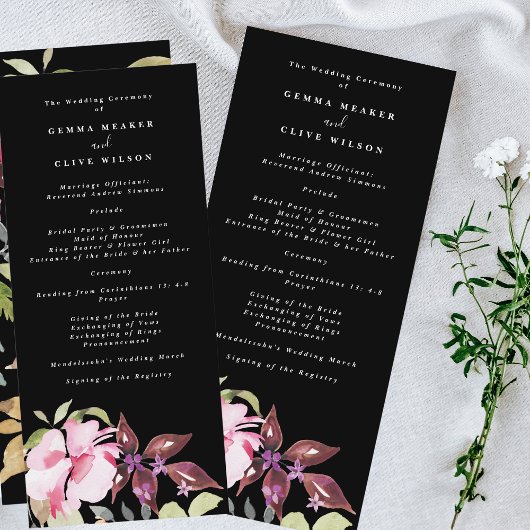 Dramatische Waterverf Florals Wedding Ceremonie Programmakaart
