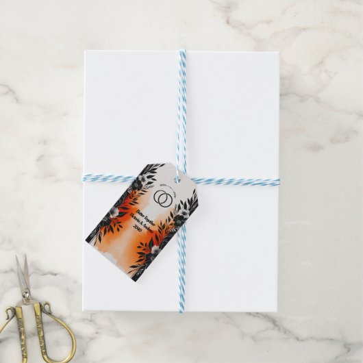 Dramatische Waterverf Zwart Sinaasappel Bloemenbru Cadeaulabel (Met Touw)