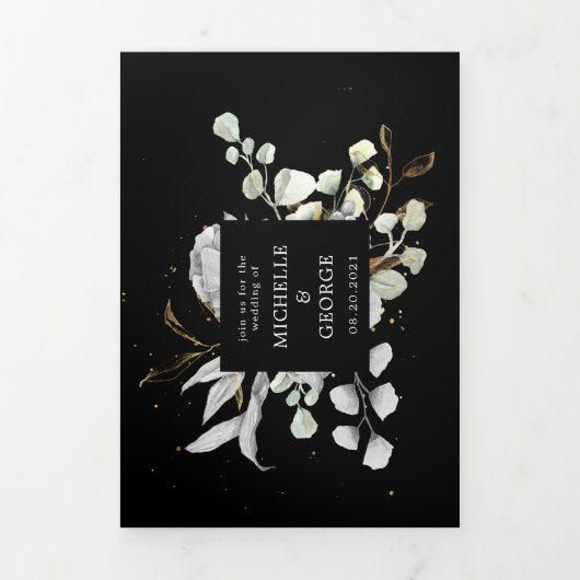 Dramatische zilveren bloemendrievoudige bruiloft u drieluik uitnodiging (Cover)