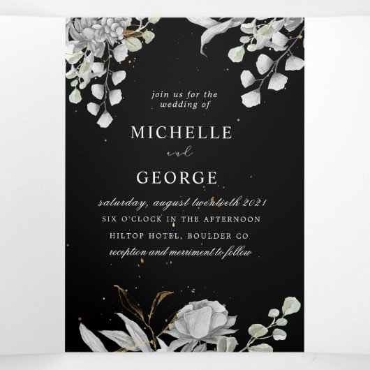 Dramatische zilveren bloemendrievoudige bruiloft u drieluik uitnodiging (Binnenkant midden)