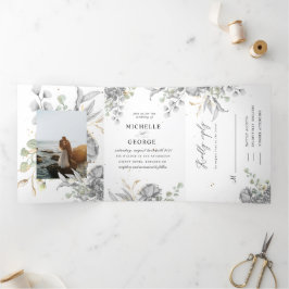 Dramatische zilveren bloemendrievoudige bruiloft u drieluik uitnodiging