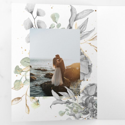 Dramatische zilveren bloemendrievoudige bruiloft u drieluik uitnodiging (Binnenzijde eerst)