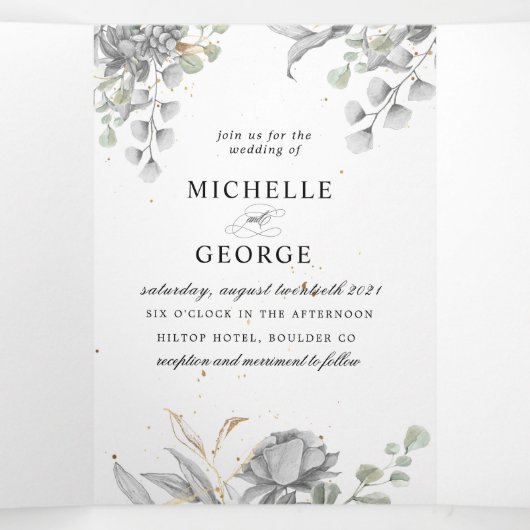 Dramatische zilveren bloemendrievoudige bruiloft u drieluik uitnodiging (Binnenkant midden)