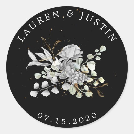 dramatische zilveren gouden bloemenmonogram Sticke Ronde Sticker (Voorkant)