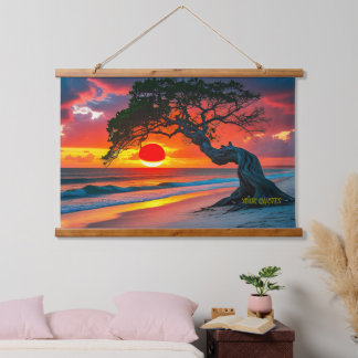 Dramatische Zonsondergang Boom boven Oceaan Strand Hangend Wandkleed