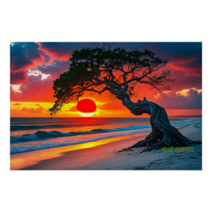 Dramatische Zonsondergang Boom boven Oceaan Strand Perfect Poster