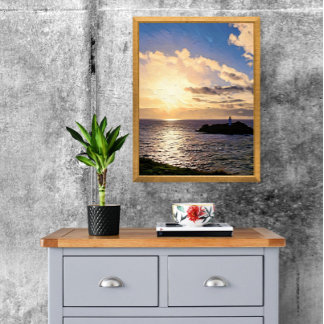 Dramatische zonsondergang boven de vuurtoren van G Foto Afdruk