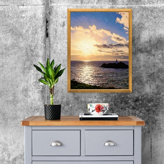 Dramatische zonsondergang boven de vuurtoren van G Foto Afdruk