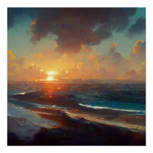 Dramatische zonsondergang strand golven landschap perfect poster