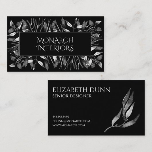 Dramatische zwart-wit bladeren ontwerper visitekaartje (Voorkant / Achterkant)